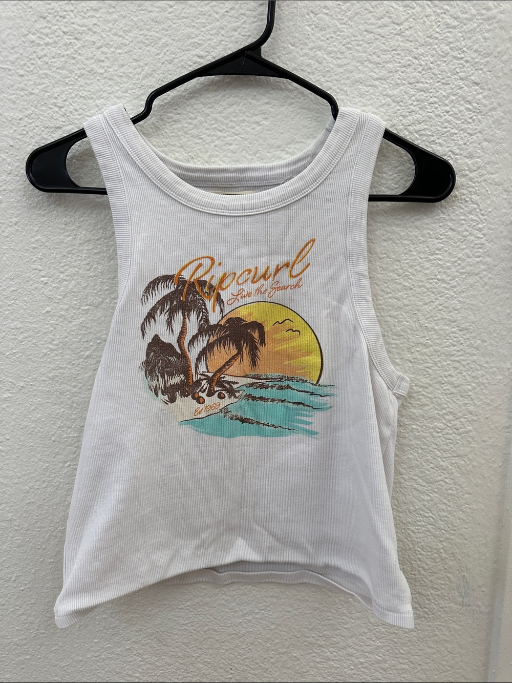 Rip Curl White Tank Top with Sunset Palm Graphic